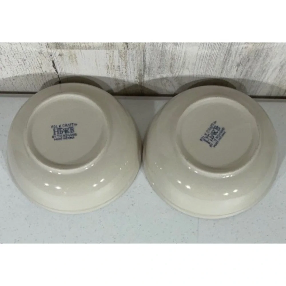 Folk Craft Heart Tienshan Soup Cereal Bowls 6.5in Blue White Spongeware Set of 2